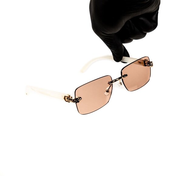 Men's Pink Tint Rectangular Hip Hop Gold Frame Leopard Head Rimless Sunglasses - Picture 4 of 6